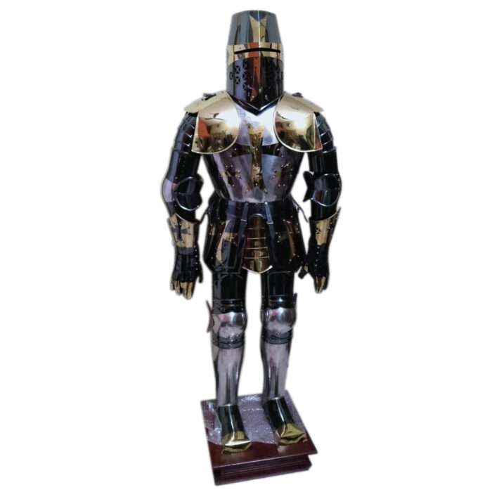 J99 Stainless Armor Medieval Knight Suit Full Body Wearable Free Rust Black & Gold Templar Combat Armour J99 Medieval Knight Suit Rust Black & Gold Temper Armor