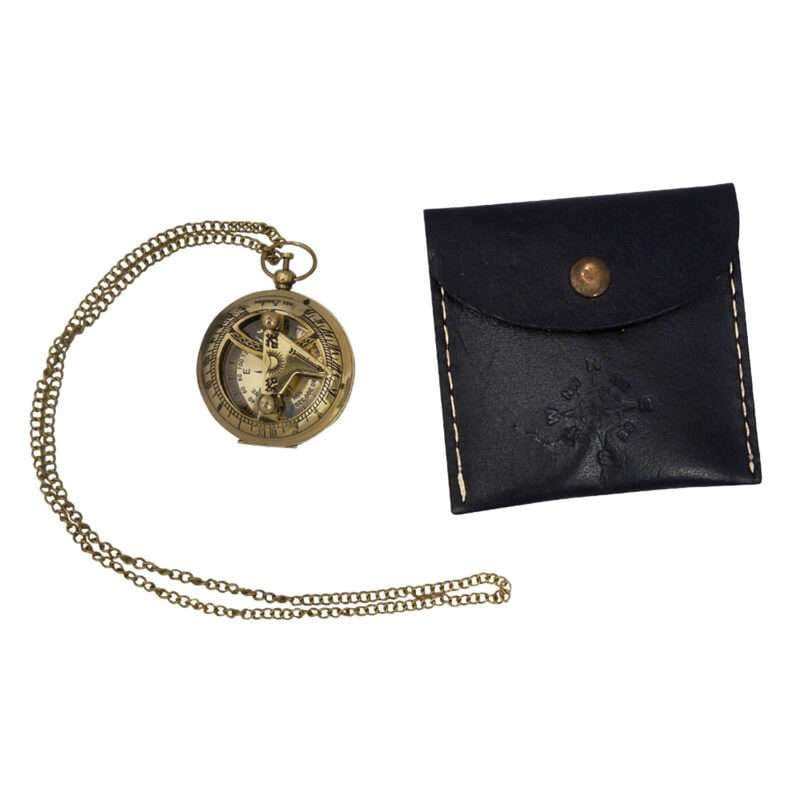 MRN02 Brass Sundial Compass Solid Brass Pocket Sundial Vintage Steampunk Accessary Home Decor Gift with Leather Bag with Chain