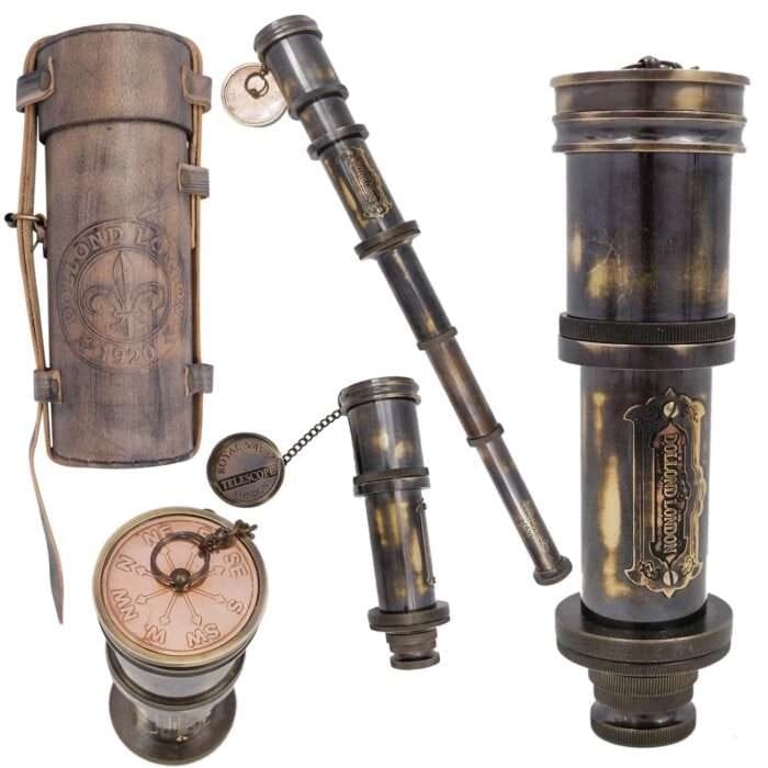 NT02i Antique Decor Spyglass Pirate Telescopewith Leather Box Telescope for Adventure Enthusiasts Monocular Nautical Decor for Gifting