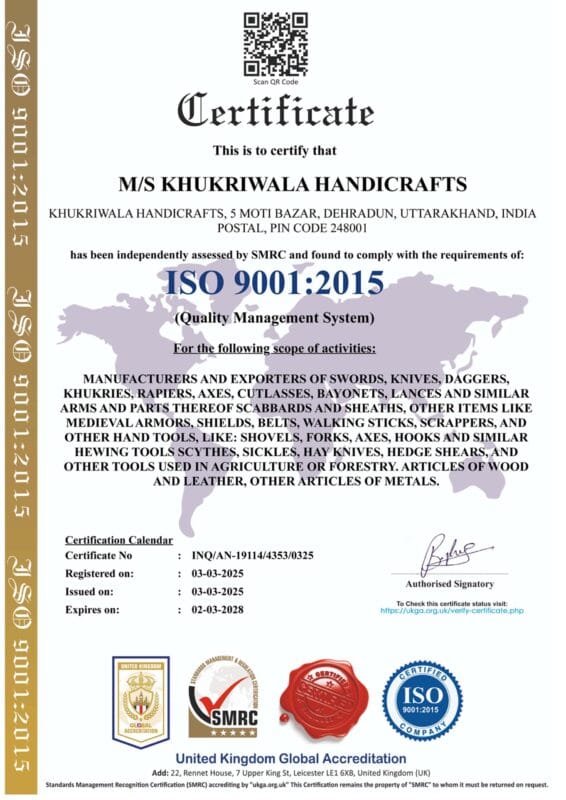 ISO 9001:2015 Quality Management Certification – Khukriwala Handicrafts
